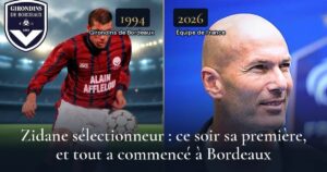 Zinédine Zidane sous le maillot des Girondins de Bordeaux en 1994 et en 2026 comme sélectionneur de l'équipe de France.